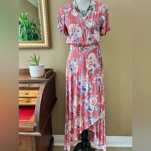 Auguste The Label Pascal Muse Floral Wrap Maxi Dress Pink Peach Short Sleeve 8 - Picture 4 of 16